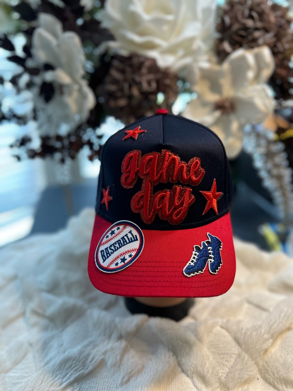 Game Day Embroidered Baseball Cap - Red & Navy